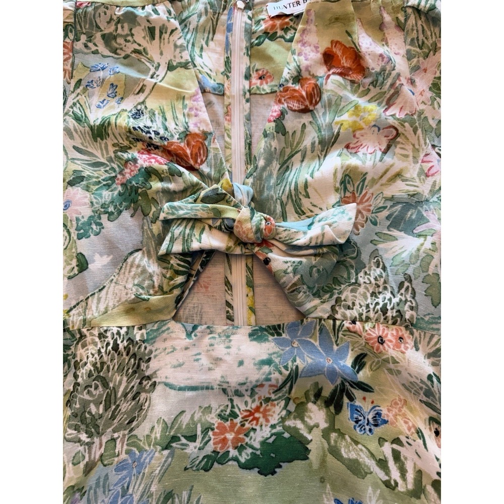Hunter Bell Pierce Midi Dress Size 4 Green Garden Floral Linen Blend Cutout Bow - Picture 9 of 16